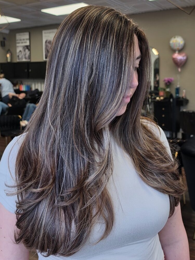 Brunette long layers with lived-in color